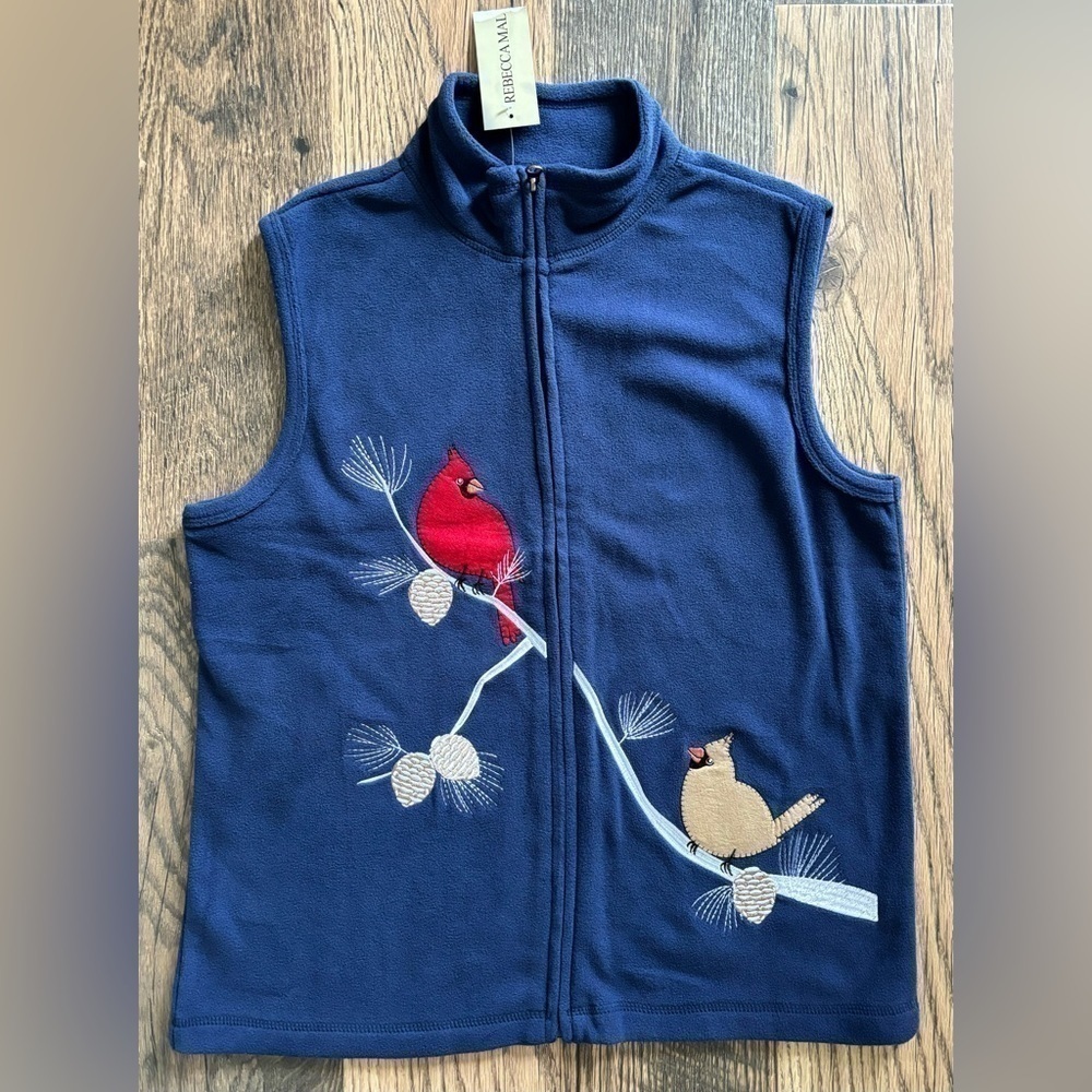 NWT Rebecca Malone Womens Fleece Vest Embroidery Cardinals Birds Blue Size Small